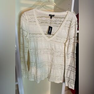 Cream Ribbed Sheet V-Neck Long Sleeve Top